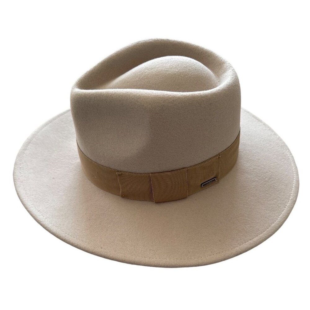 Brixton wool felt wide brim tone on tone with grosgrain ribbon with metal bar lo